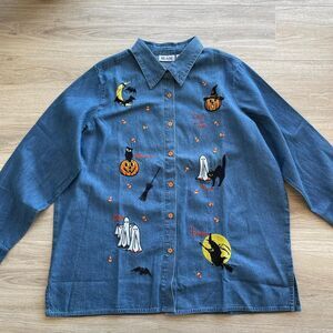 Blair Women's XL Halloween Denim Button Down Shirt Embroidered Retro 90's Granny